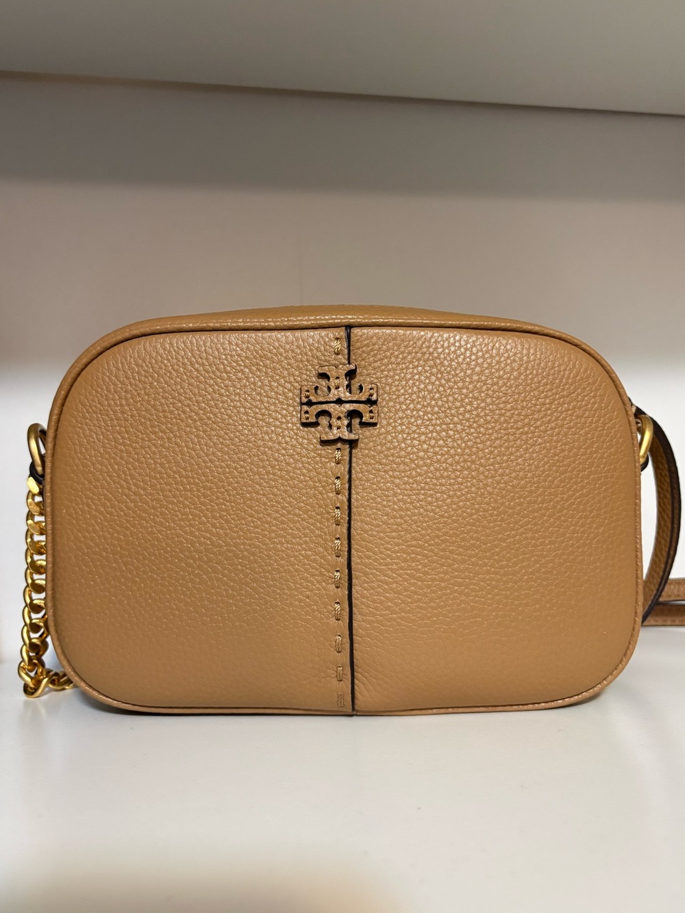 Tory Burch Pebbled Leather Crossbody with Gold tone Logo